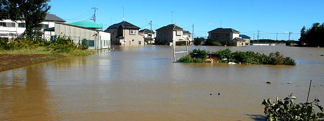 水に浸かった住宅の写真：Enterすると大きくなります